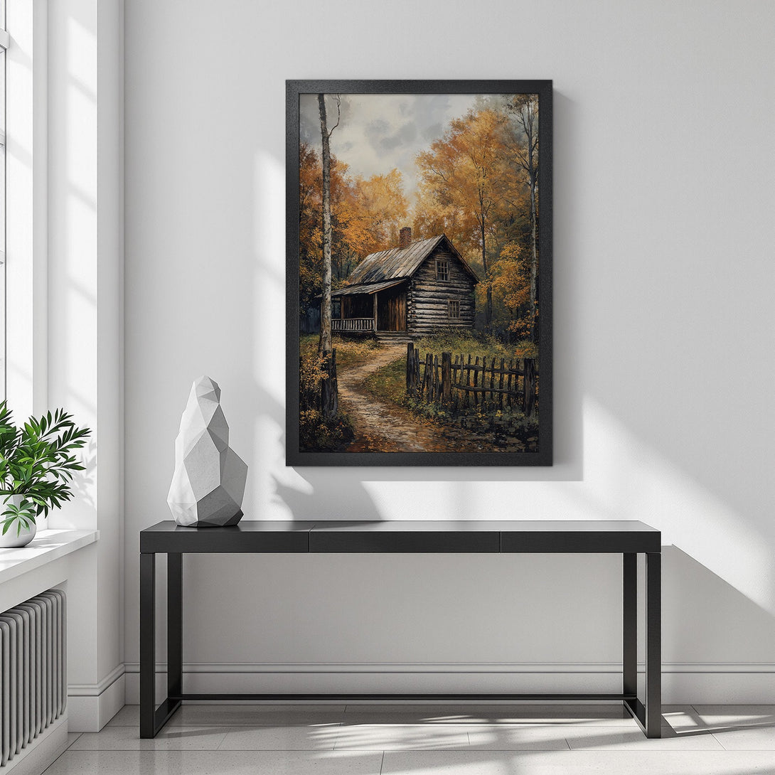 Framed Poster of a rustic cabin in a forest, warm autumn color palette. Perfect for cozy decor!