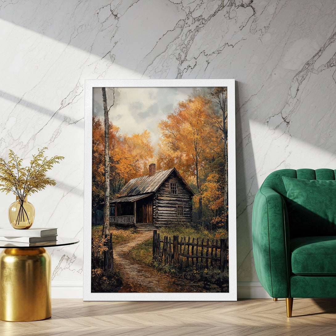Framed Poster featuring a cozy cabin in an autumn forest. Warm, earthy tones create a rustic, inviting style. Perfect wall art!