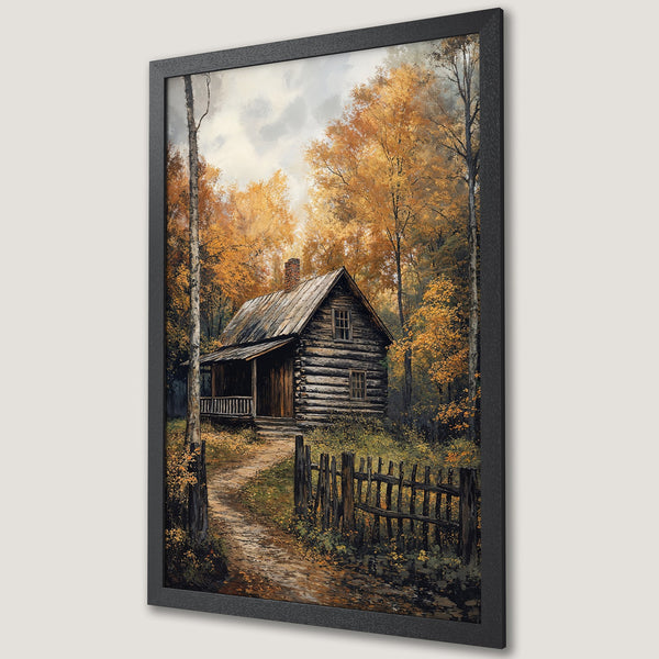 Framed Poster of a rustic cabin in a forest, featuring warm autumn colors. Perfect wall art for a cozy home.
