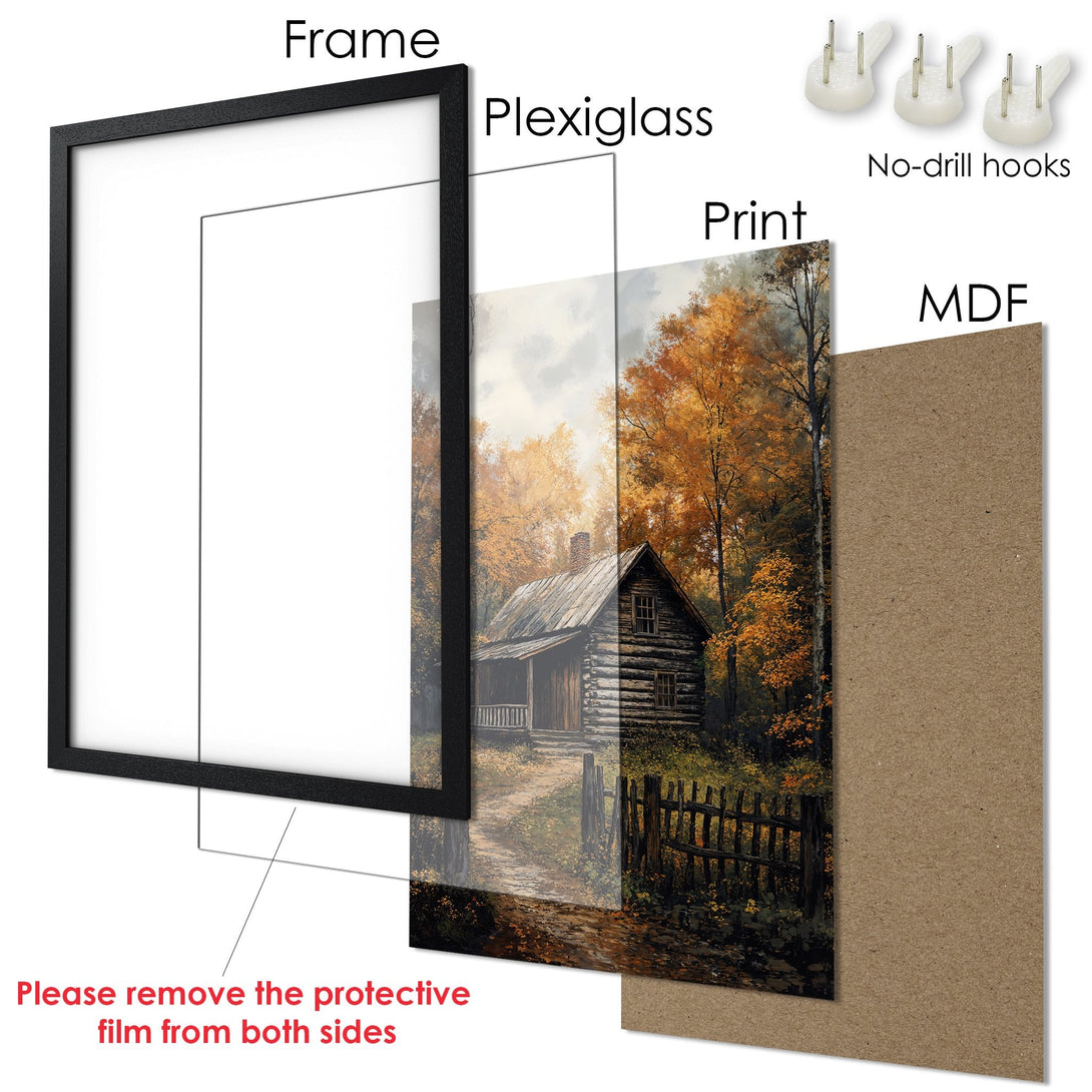 Framed Poster of a cabin in an autumn forest, warm colors and rustic style. Perfect wall art for cozy spaces.