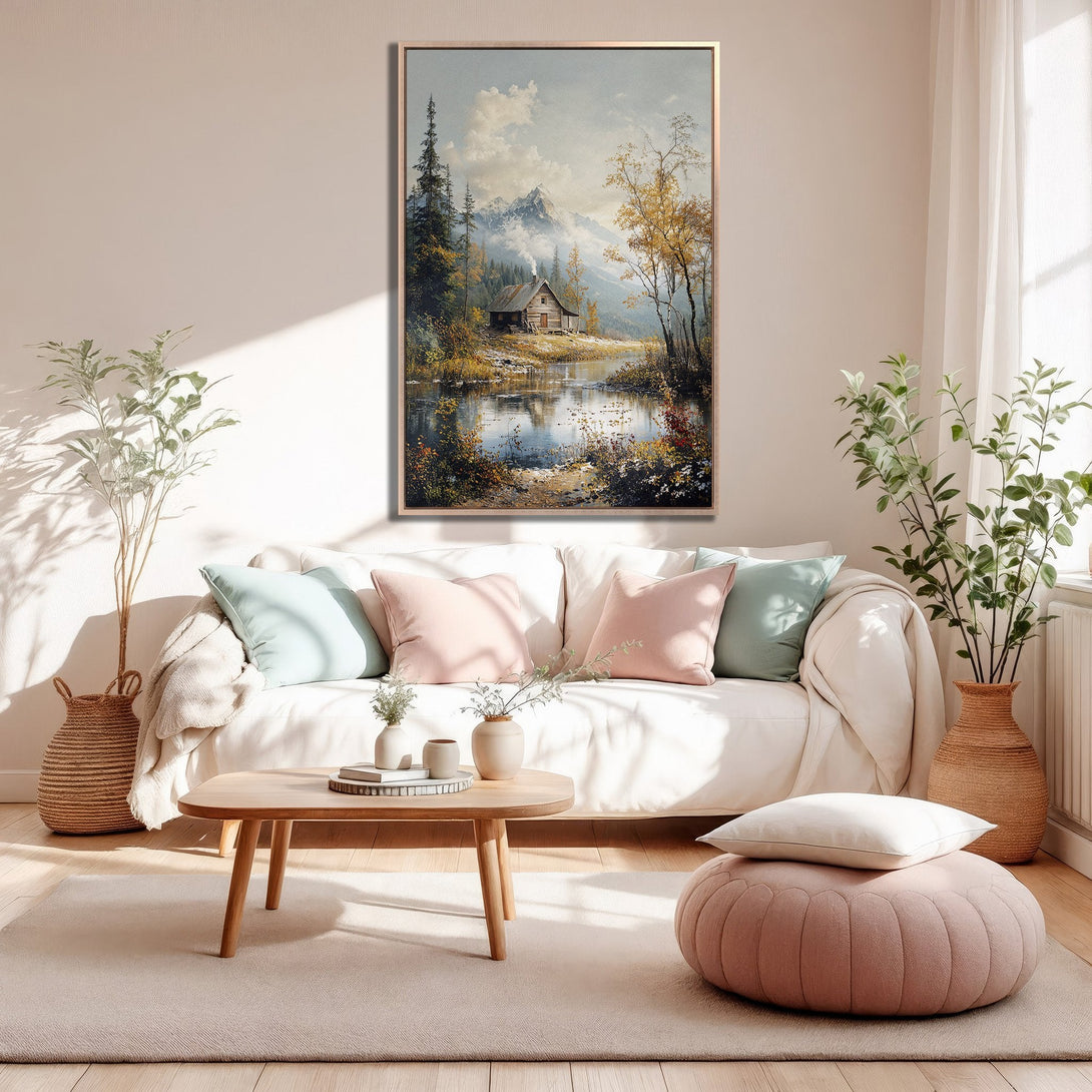 Framed Wall Art featuring a serene cabin landscape with muted blues, greens, and browns. Perfect for adding a touch of nature to your home decor.