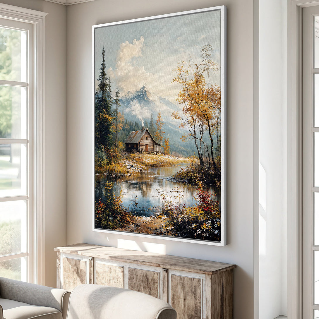 Framed Wall Art: Serene cabin scene canvas print with a warm autumn color palette. Bring the beauty of nature indoors with this stunning artwork.