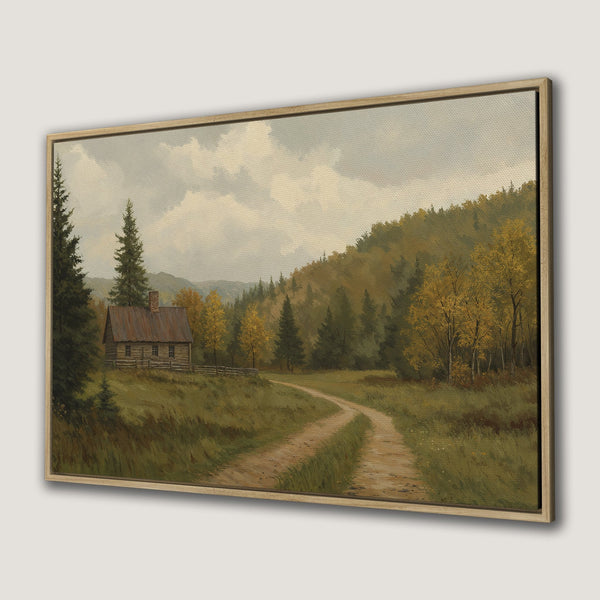 Framed Wall Art: Rustic cabin landscape in warm, earthy tones. Perfect for adding a touch of nature and vintage charm to your home decor.
