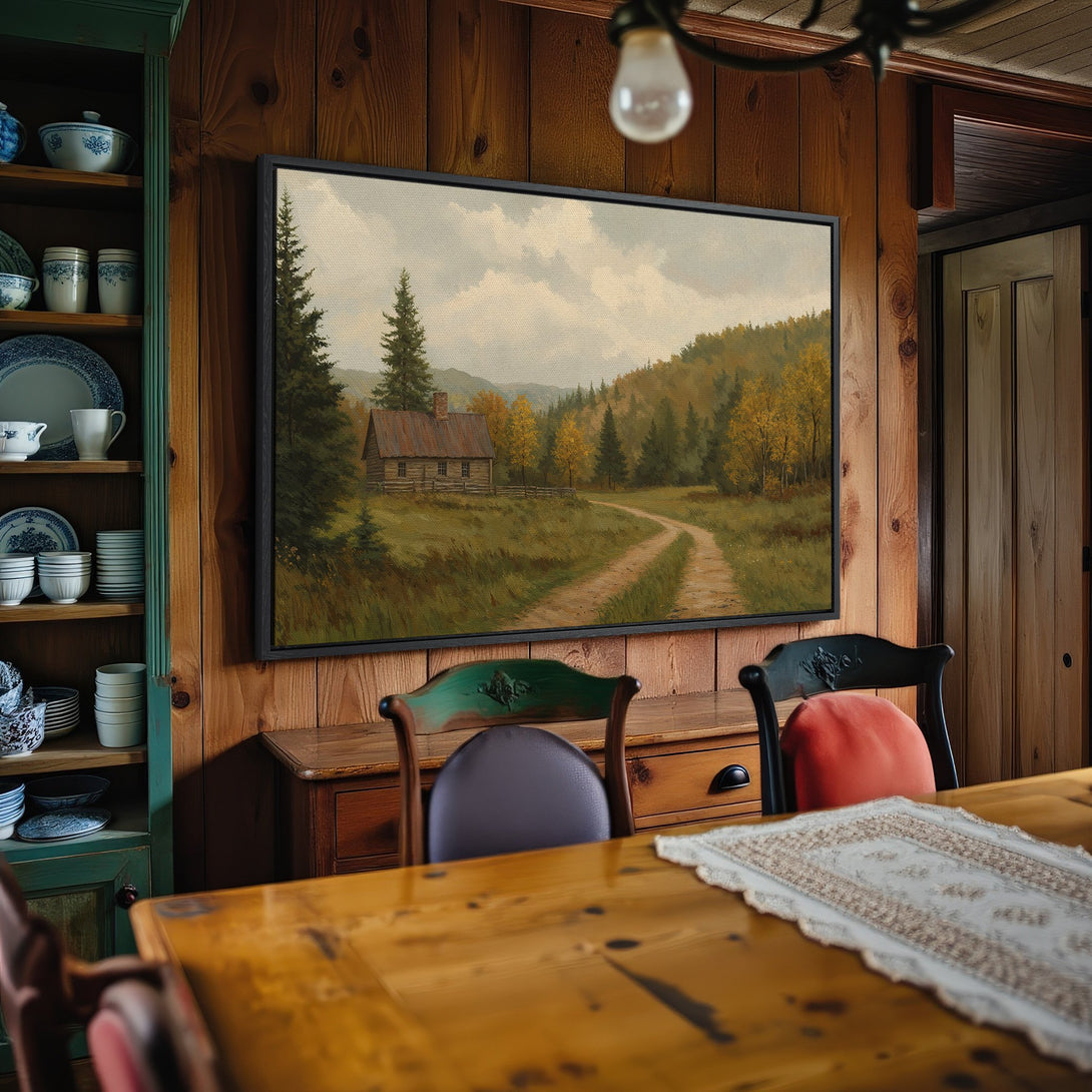 Framed Wall Art: Rustic landscape Canvas Print in warm earth tones. Perfect for adding a cozy, cabin-inspired feel to your home decor.