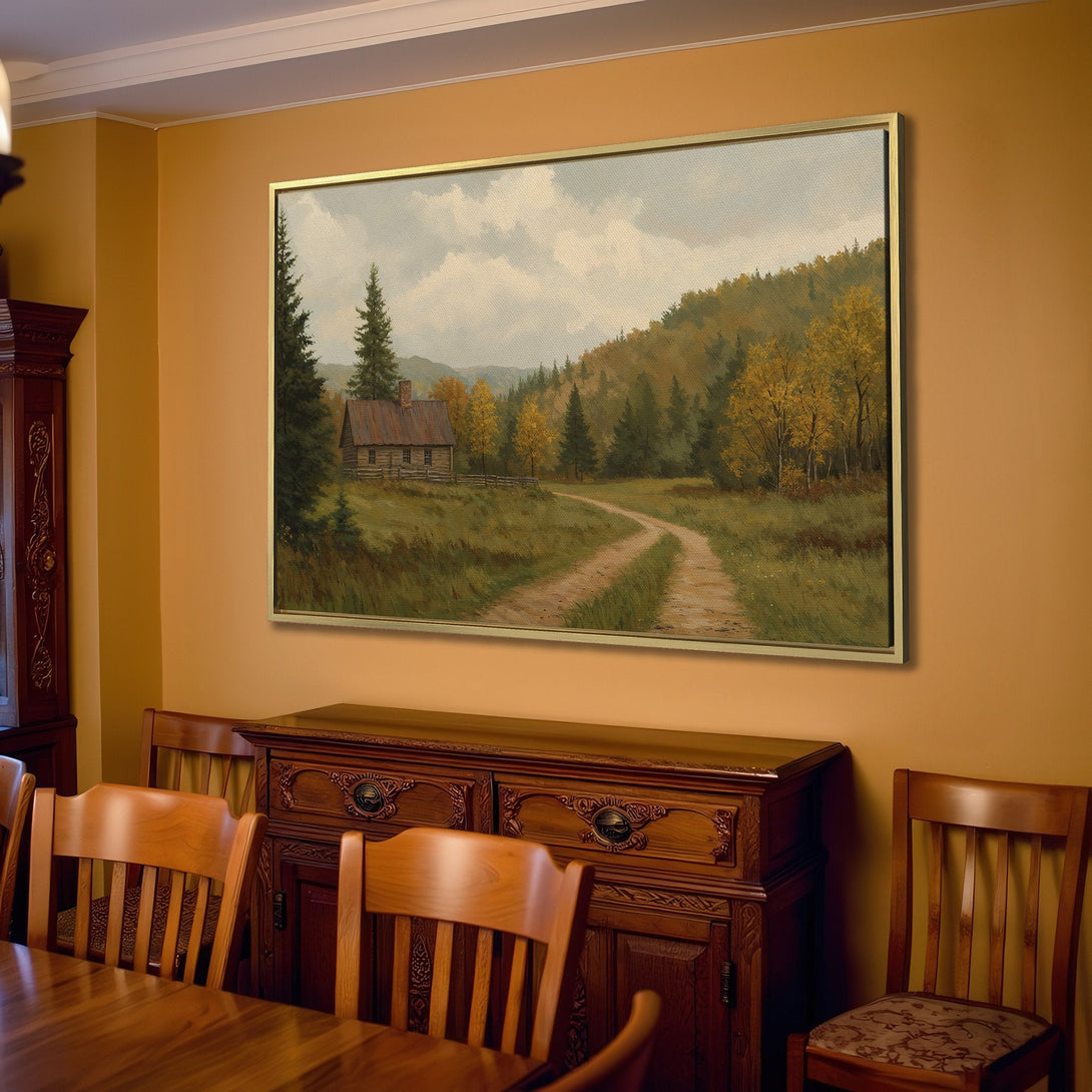 Canvas Print of a serene landscape painting in a warm, neutral color palette. Rustic cabin and winding path. Perfect for adding a touch of nature to your home.