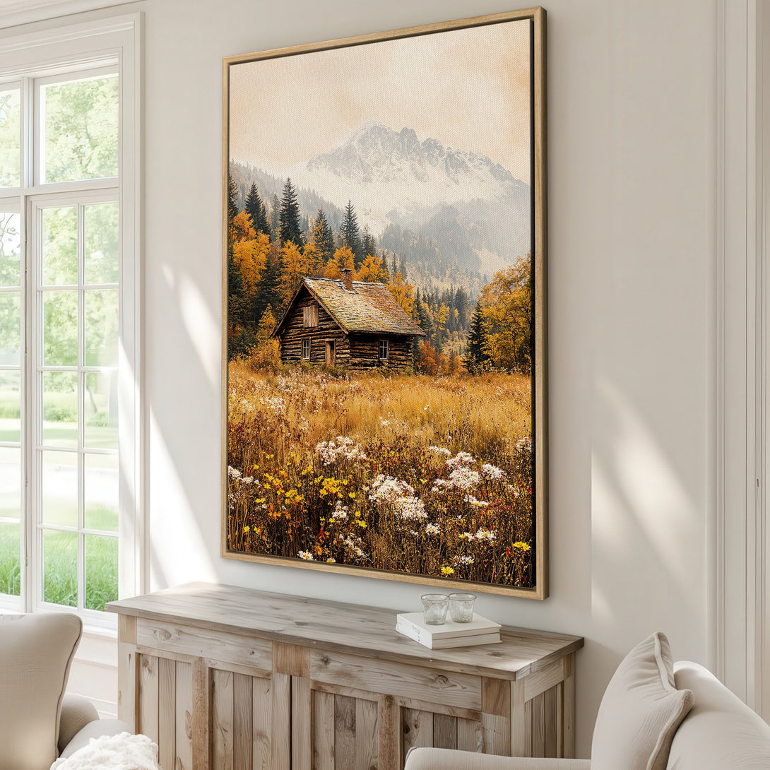 Framed Wall Art featuring a rustic cabin in a golden autumn landscape. Warm, earthy color palette creates a cozy, inviting atmosphere. Perfect for nature lovers!