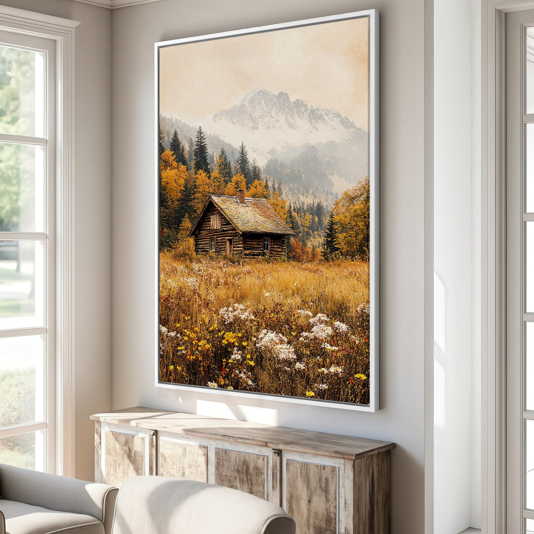 Framed Wall Art: Rustic cabin landscape Canvas Print in warm autumnal tones. Perfect for adding cozy, natural style to your home decor.