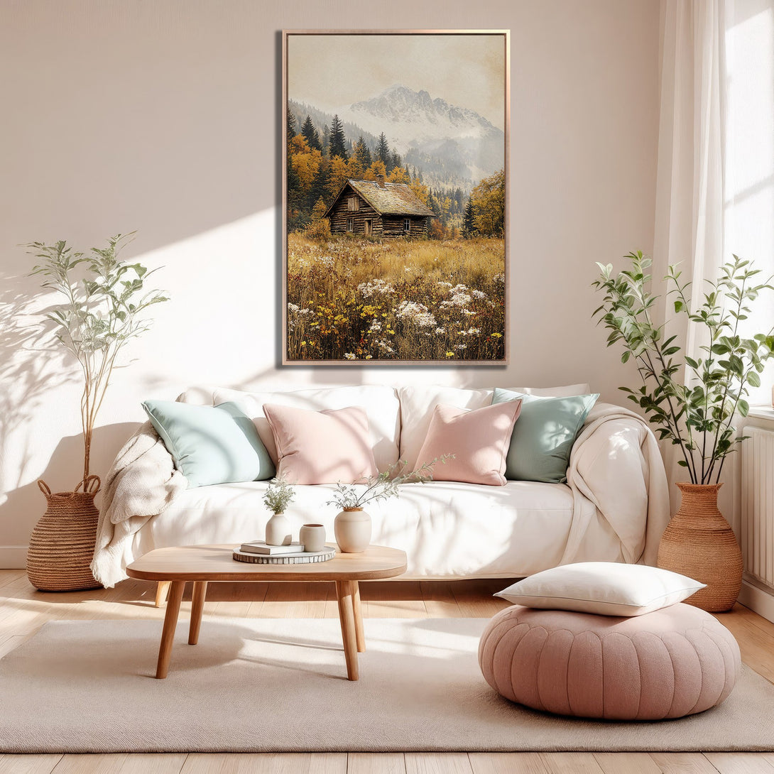 Framed Wall Art: Rustic cabin landscape canvas print with warm, earthy tones and a cozy, inviting aesthetic. Perfect for adding a touch of nature to your home.