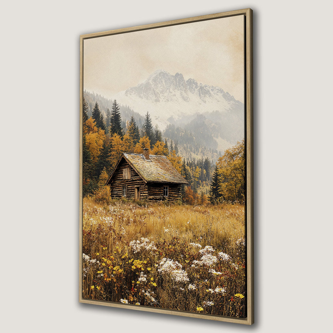 Framed Wall Art: Rustic cabin in a mountain landscape. Warm autumn color palette with golds, browns, and greens. Perfect for cozy home decor.