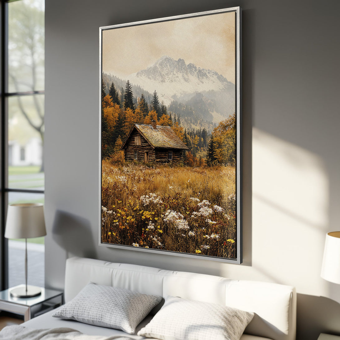 Framed Wall Art featuring a rustic cabin in a mountain landscape, warm autumn colors. Perfect for adding cozy vibes to your home decor.