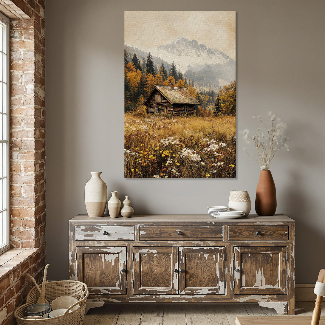 Framed Wall Art: Rustic cabin scene in warm autumn colors. Landscape Canvas Print adds cozy charm to dining room decor. Mountain art.