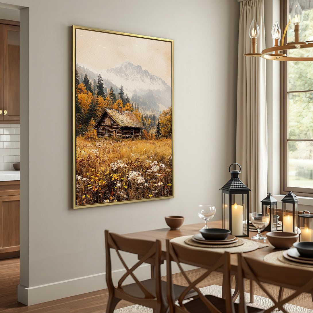Canvas Print of a rustic cabin in a mountain landscape, warm autumn colors, perfect for cozy home decor.