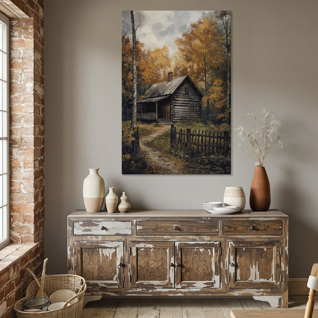 Framed Wall Art: Rustic cabin landscape Canvas Print with warm autumn colors. Perfect for cozy home decor.