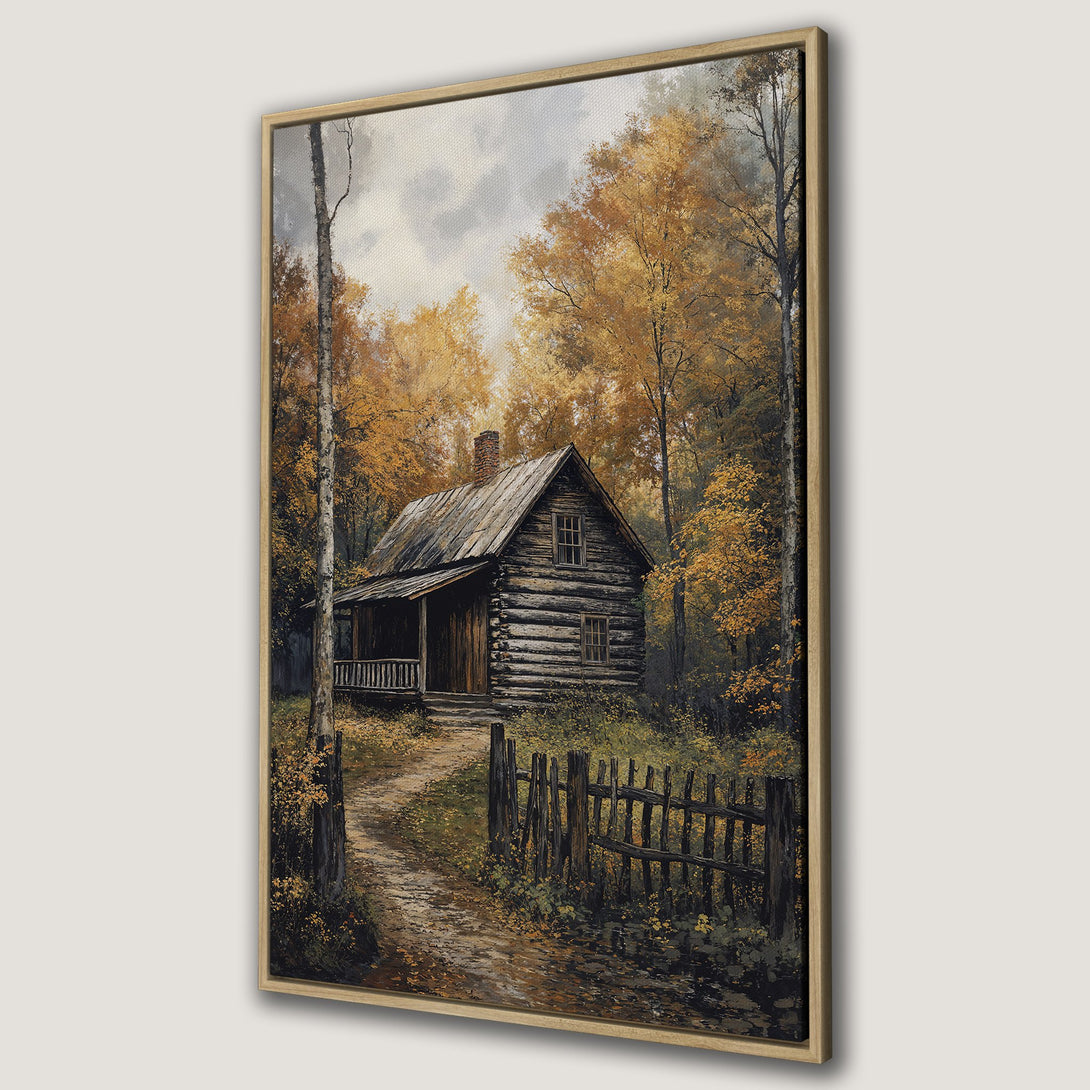 Framed Wall Art: Rustic cabin in a forest with autumn colors. Warm, inviting landscape art print for cozy home decor.