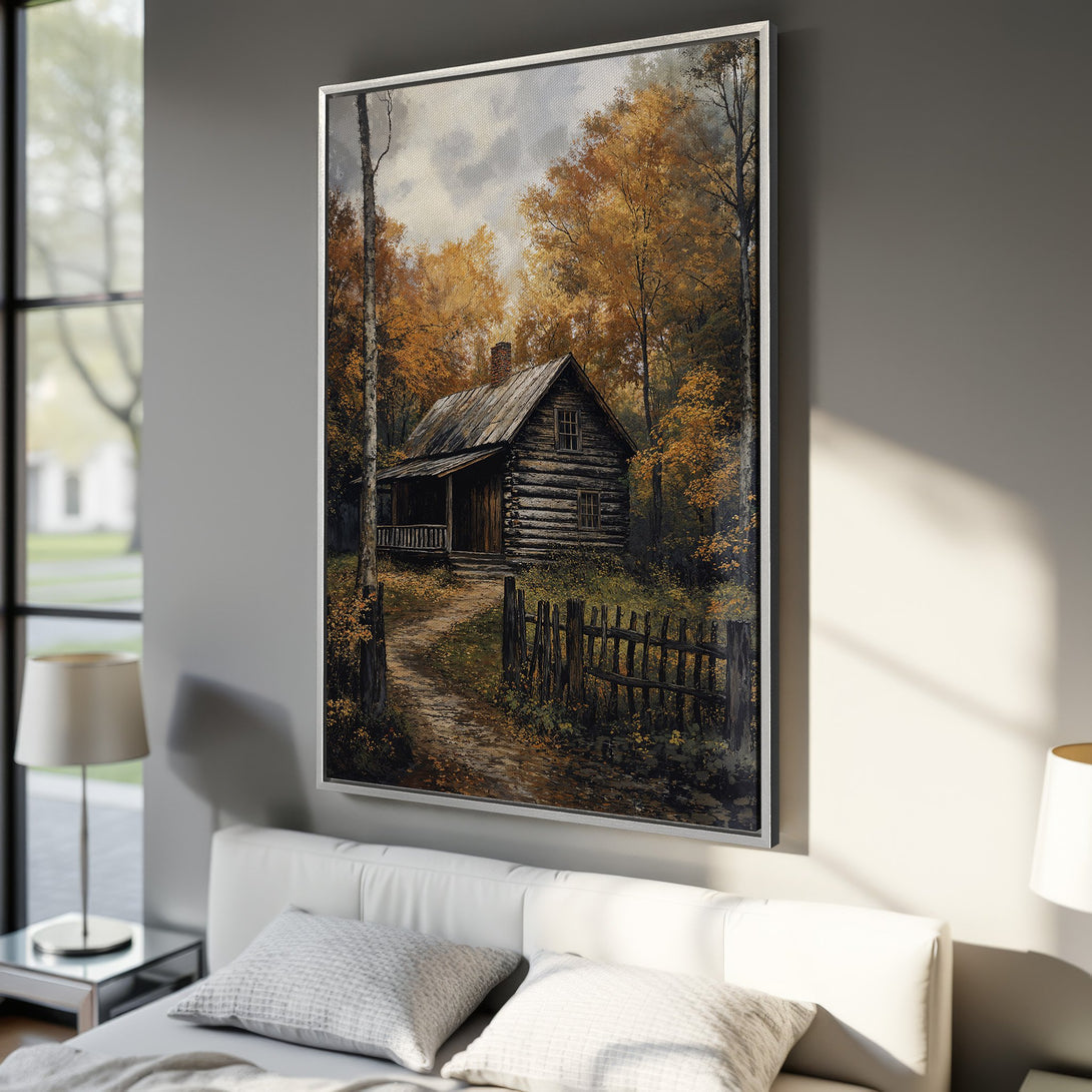Framed Wall Art: Rustic cabin in autumn forest. Warm, inviting color palette. Perfect for cozy home decor. Bring nature indoors with this beautiful print.