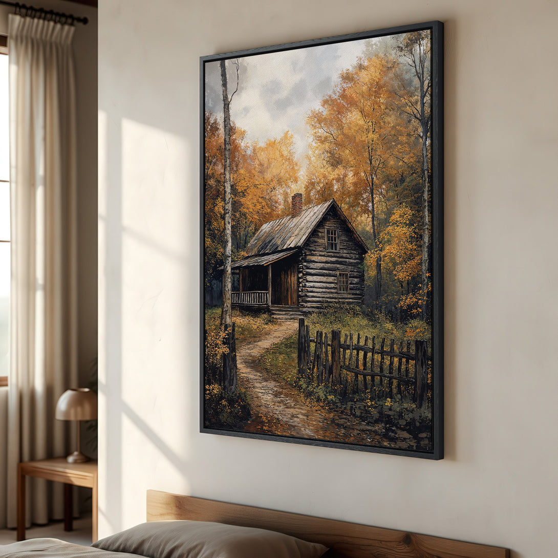 Framed Wall Art: Rustic cabin in autumn forest. Warm, inviting color palette with golds and browns. Perfect for cozy home decor.
