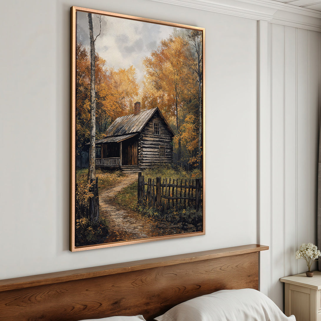 Framed Wall Art: Rustic cabin in a forest painting with warm, autumnal colors. Perfect for adding cozy charm to your home decor.