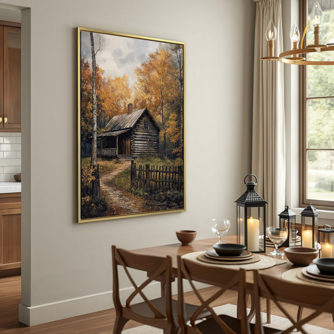 Canvas Print of a cabin in the woods, warm autumn colors. Rustic artwork for cozy home decor.