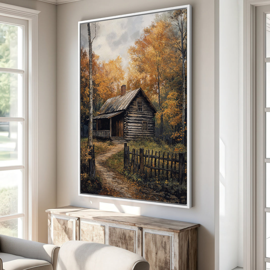 Framed Wall Art: Rustic cabin painting in warm autumn tones. Perfect for adding cozy charm to your space. Enhance your decor with this beautiful canvas print!