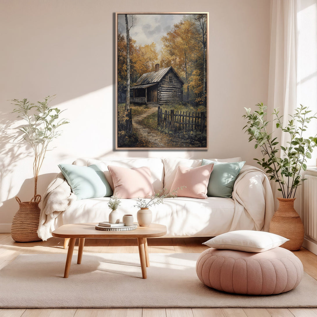 Framed Wall Art featuring a cabin in the woods, painted in a warm, rustic style. Earthy tones and cozy interior design.
