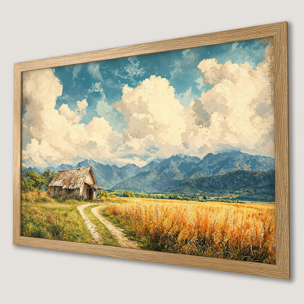 Framed Poster of a serene landscape with a cabin, mountains, and golden fields. Soft, watercolor style with a warm, earthy color palette.