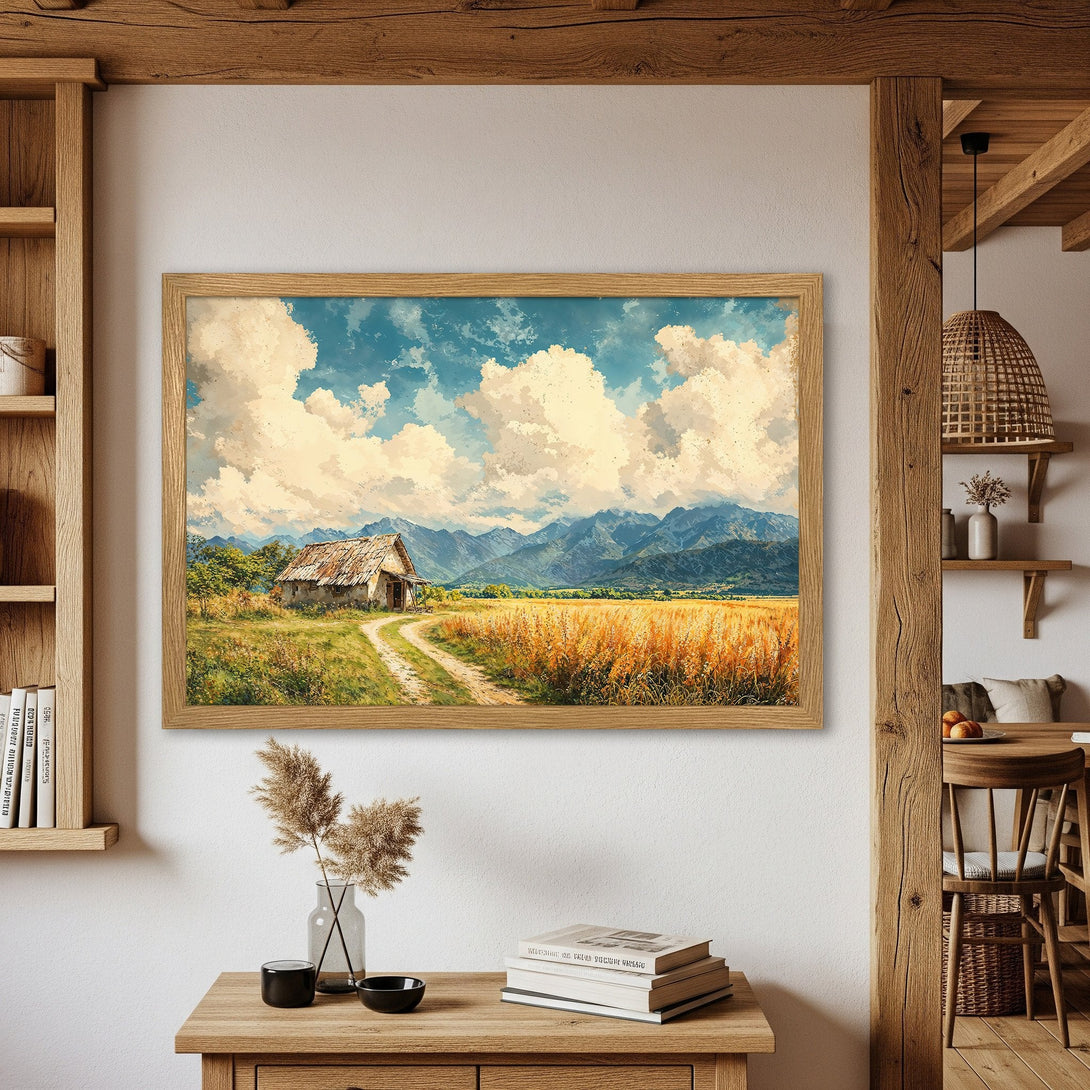 Framed Poster of a rustic landscape painting. Features a barn, field, and mountains with a warm, earthy color palette. Perfect wall art!