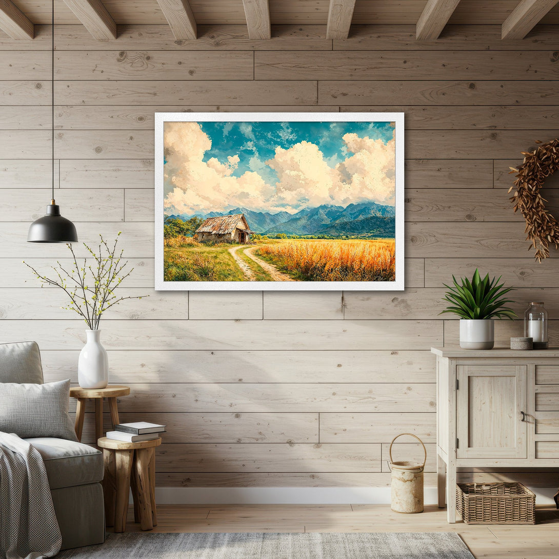 Framed Poster of a rustic landscape painting, featuring a barn, mountains, and wheat field. Earthy tones with blue sky. Perfect wall art!