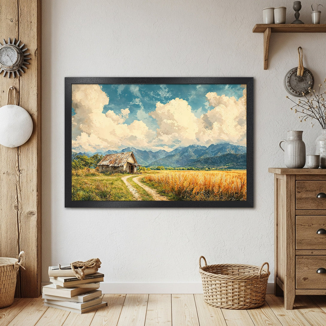 Framed Poster of a scenic landscape painting. Rustic style, warm color palette with blues, yellows, and greens. Perfect wall art!