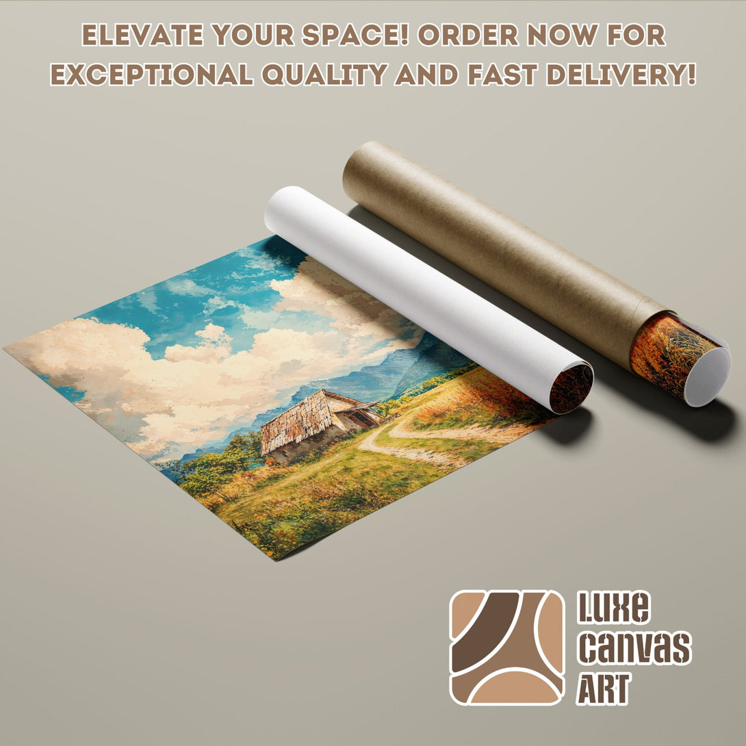 Landscape Poster Roll, vibrant art print with a rustic cabin, warm color palette. Order now!