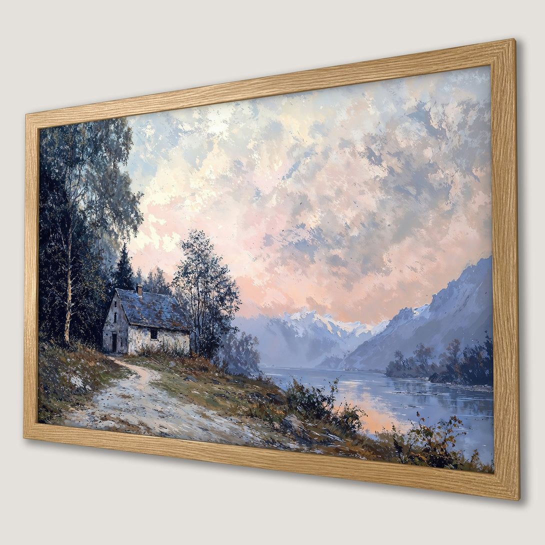 Framed Poster of a serene landscape painting with a house, in a soft blue and pink color palette. Perfect wall art!