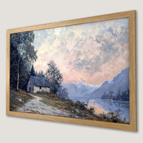 Framed Poster of a serene landscape painting with a house, in a soft blue and pink color palette. Perfect wall art!