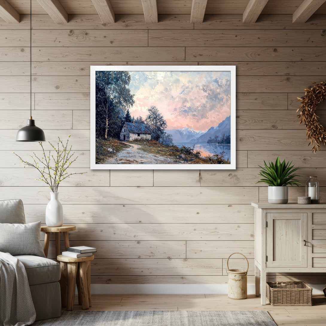 Framed Poster of a serene landscape painting with a cabin, soft pink and blue hues, perfect wall art.
