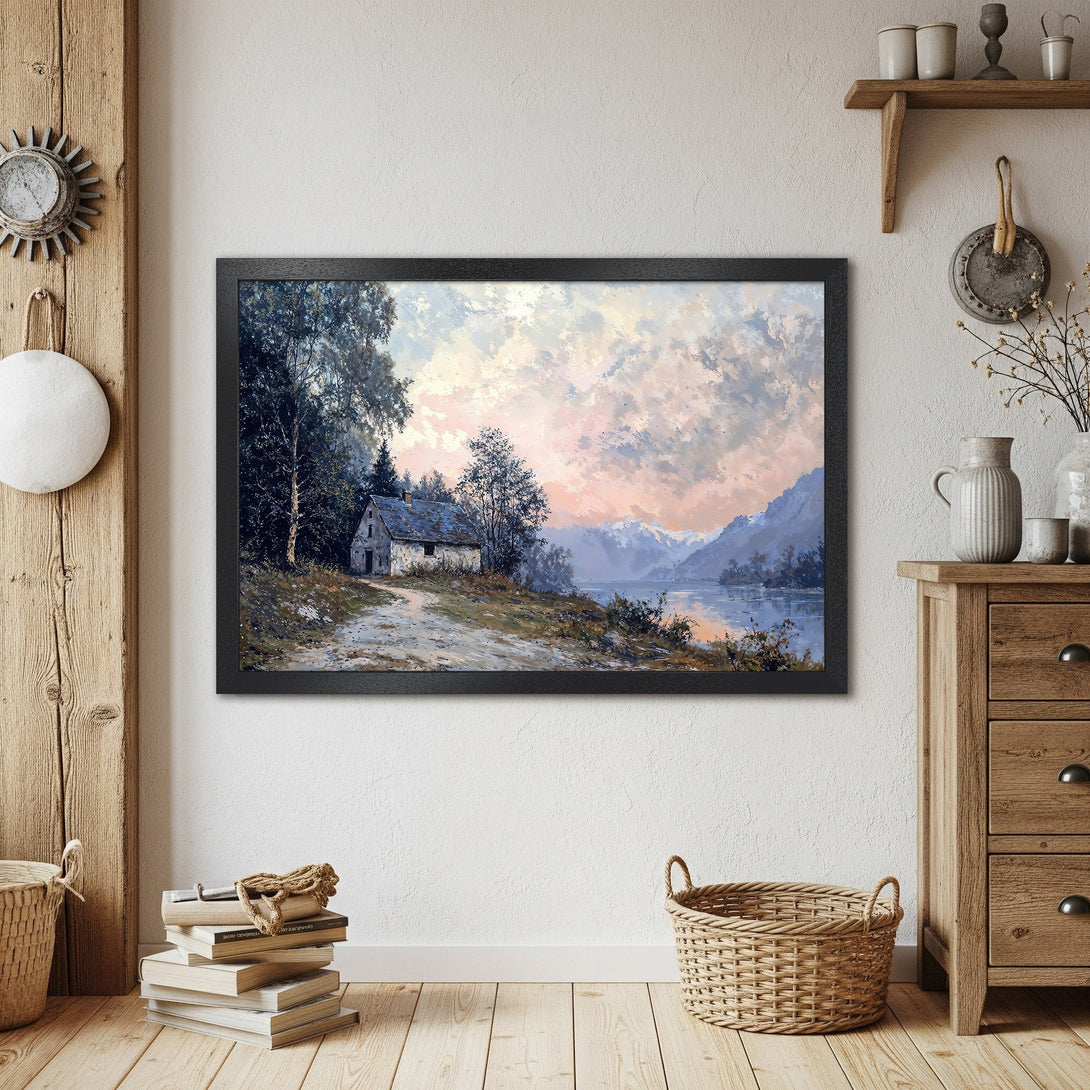 Framed Poster of a serene landscape painting with a cottage. Features a soft, pastel color palette. Perfect wall art!