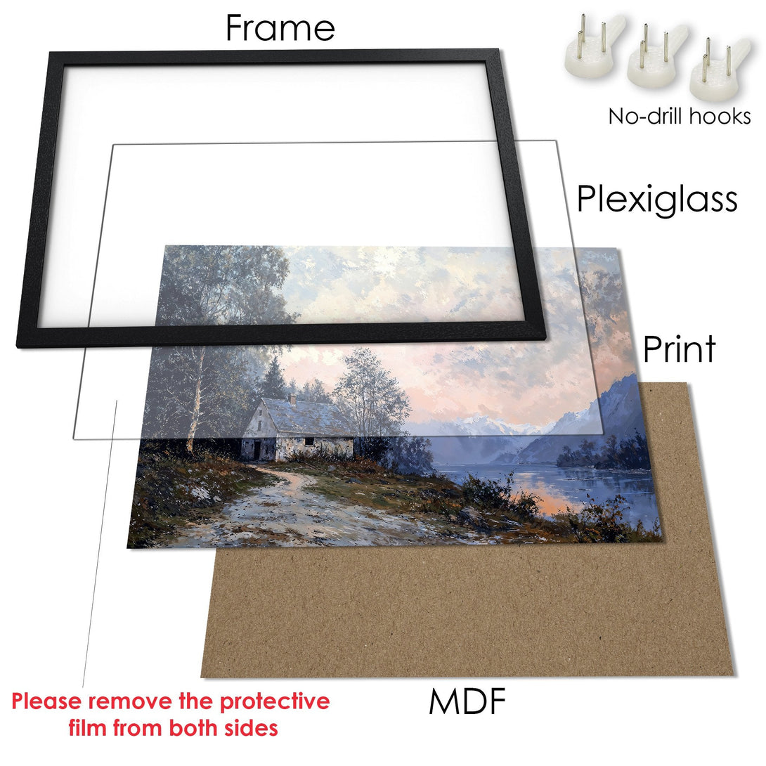 Framed Poster of a serene landscape painting in a muted color palette. Perfect wall art for any room!