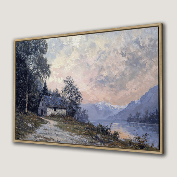 Framed Wall Art: Scenic landscape Canvas Print featuring a serene cottage scene, with a soft blue and pastel color palette. Perfect for any home decor.