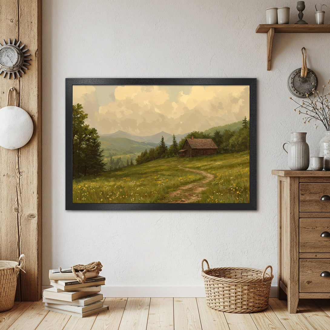 Framed Poster of a serene landscape painting. Rustic style, warm earth tones and calming greens create a cozy aesthetic. Perfect wall art.