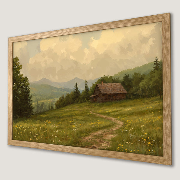 Framed Poster of a serene cabin landscape in warm, earthy tones. Rustic style with a calming color palette.