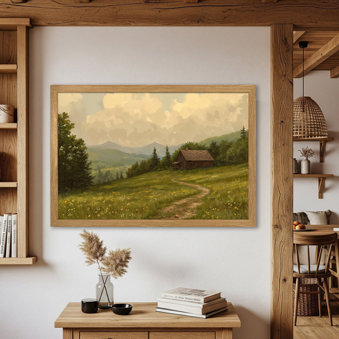 Framed Poster featuring a serene landscape painting. Rustic style with green, yellow, and earth-tone color palette. Perfect wall art for your home.