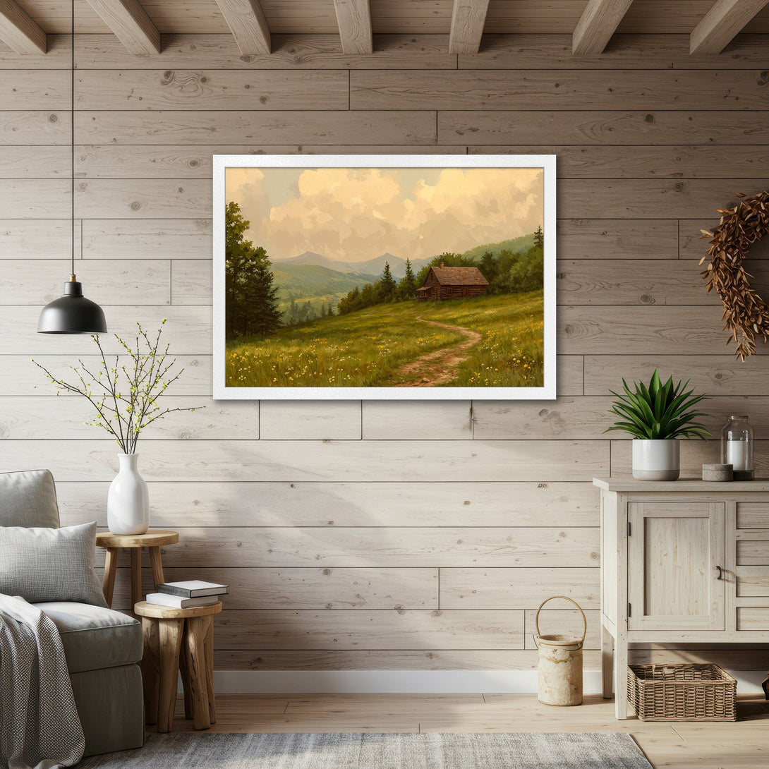 Framed Poster of a cabin in a field. Rustic style art with a warm, inviting color palette. Perfect for home decor.