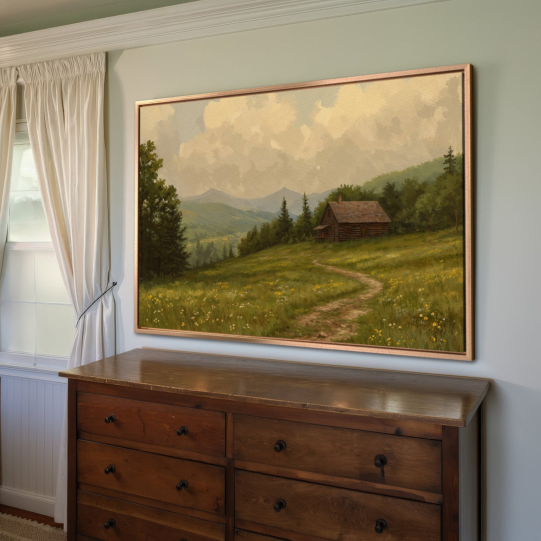 Framed Wall Art: Rustic landscape Canvas Print with cabin in a field. Earthy tones and vintage style create a cozy, inviting atmosphere. Perfect for any home.
