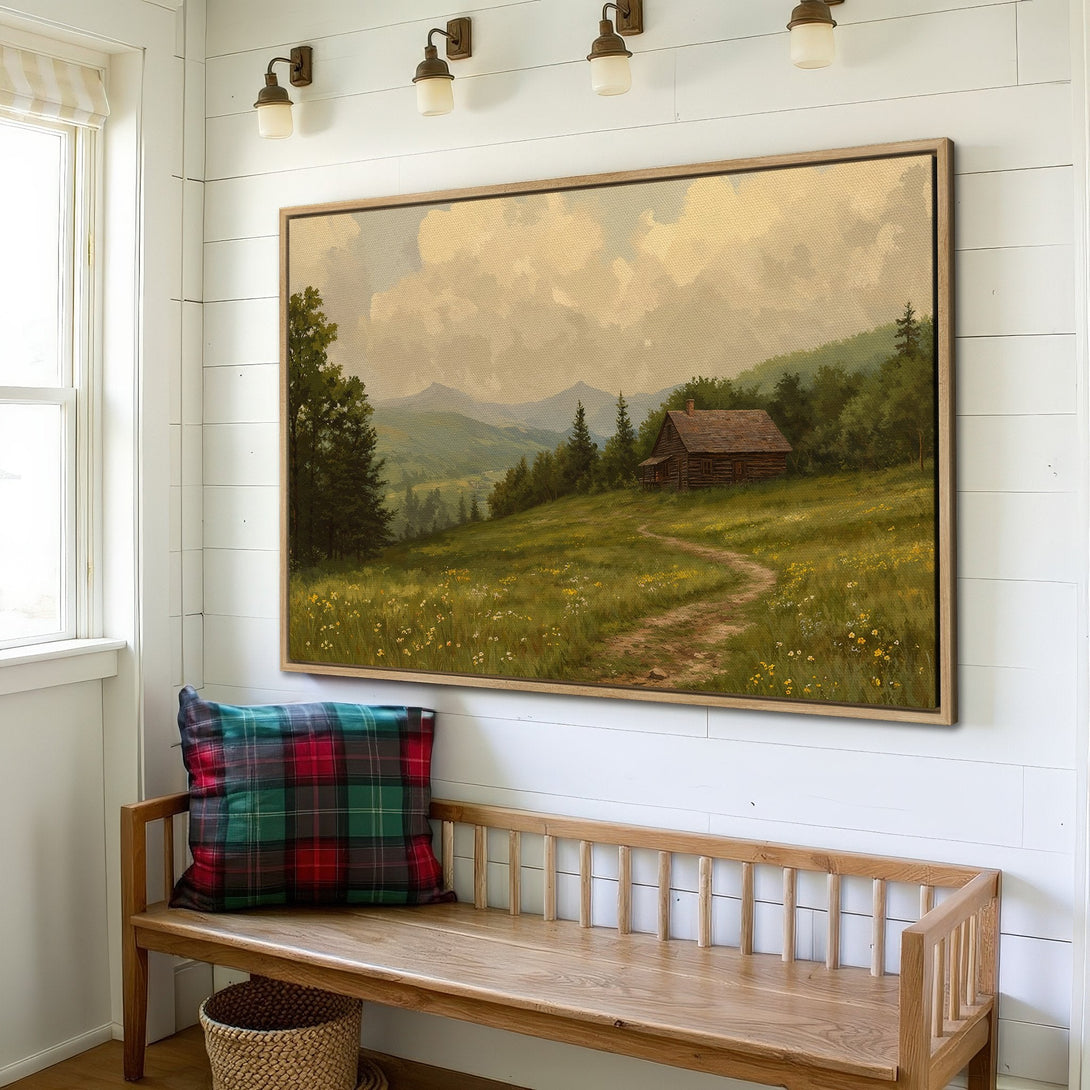 Framed Wall Art: Scenic landscape Canvas Print with a cabin, in a rustic style, featuring a warm, earthy color palette. Perfect for home decor!