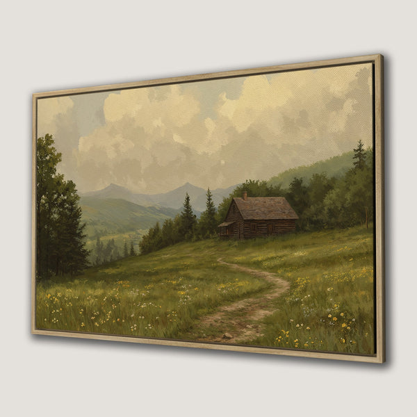 Framed Wall Art: Rustic landscape Canvas Print featuring a cabin in a meadow. Classic oil painting style with green, brown, and yellow tones. Perfect for home decor.