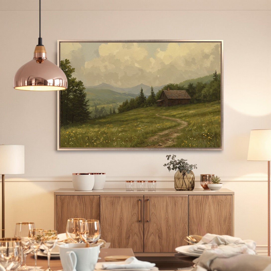Framed Wall Art: Scenic landscape Canvas Print in a rustic style, featuring a cabin, path, and green/yellow color palette. Perfect for home decor!