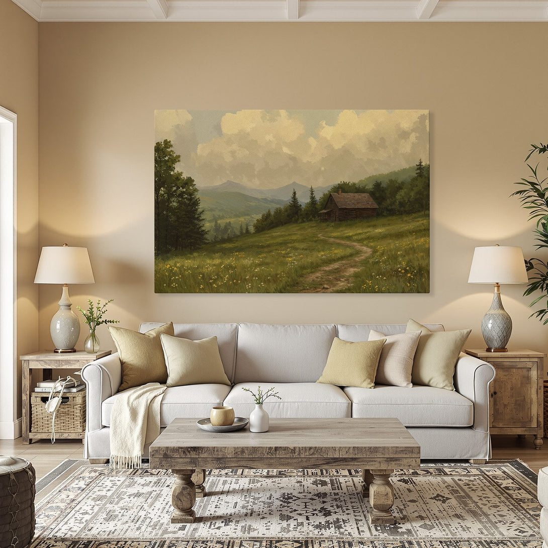Framed Wall Art: Landscape painting of a cabin in a field, warm color palette. Perfect for adding a touch of nature to your home.