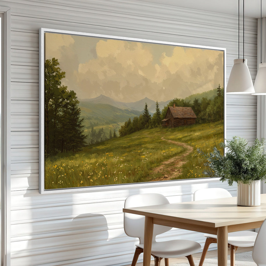 Framed Wall Art: Rustic landscape Canvas Print with cabin and path. Warm, earthy tones of green, yellow, and brown. Perfect for adding a cozy touch to your space.