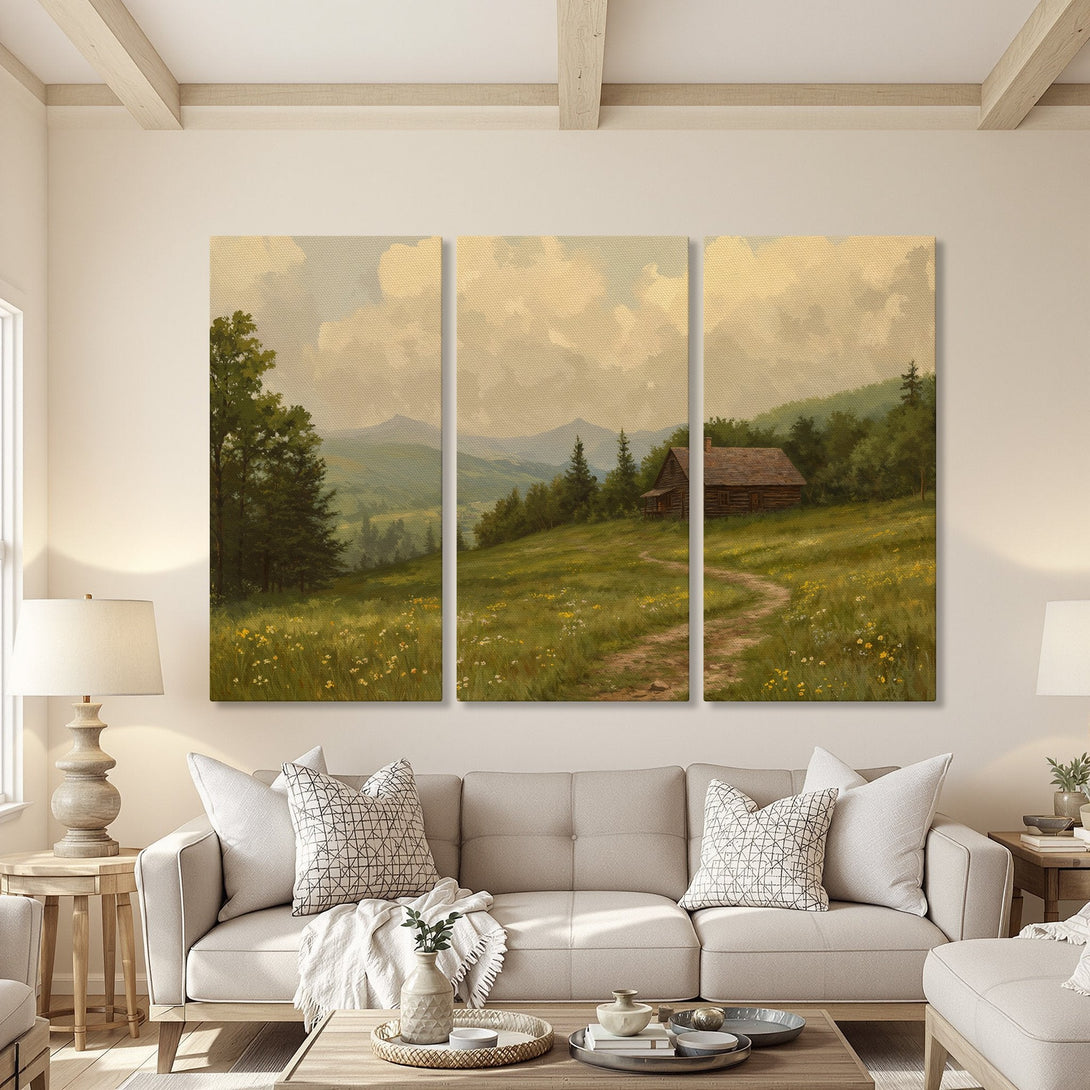 Canvas Print of a serene landscape painting with a cabin. Warm neutral color palette, perfect for rustic home decor.