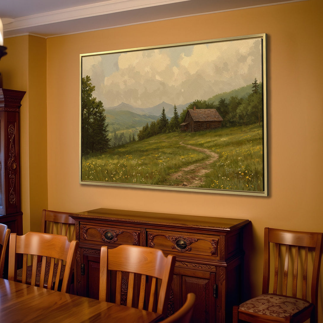 Canvas Print of a serene landscape with a cabin, in a warm, neutral color palette. Perfect for adding rustic charm to your home!