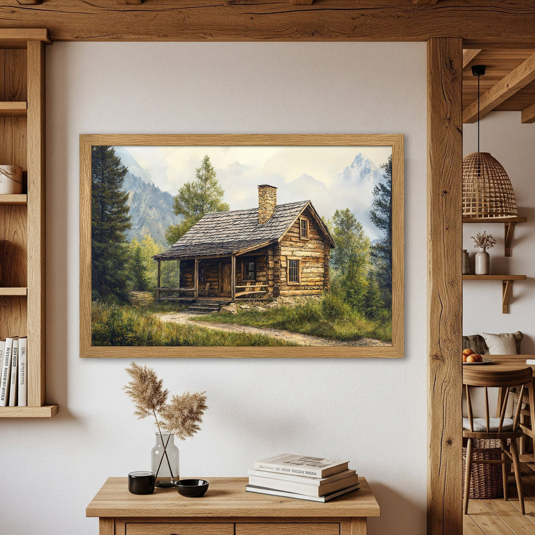 Framed Poster featuring a rustic cabin in a serene mountain landscape. Earthy tones & nature-inspired art for your home.