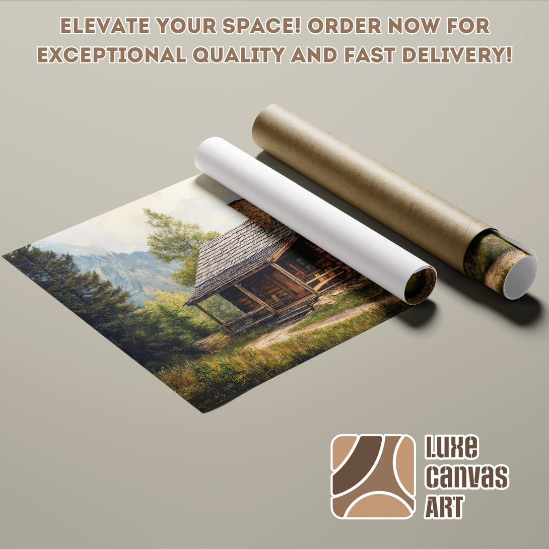 Poster Roll featuring a rustic cabin landscape in warm earth tones. Elevate your space!