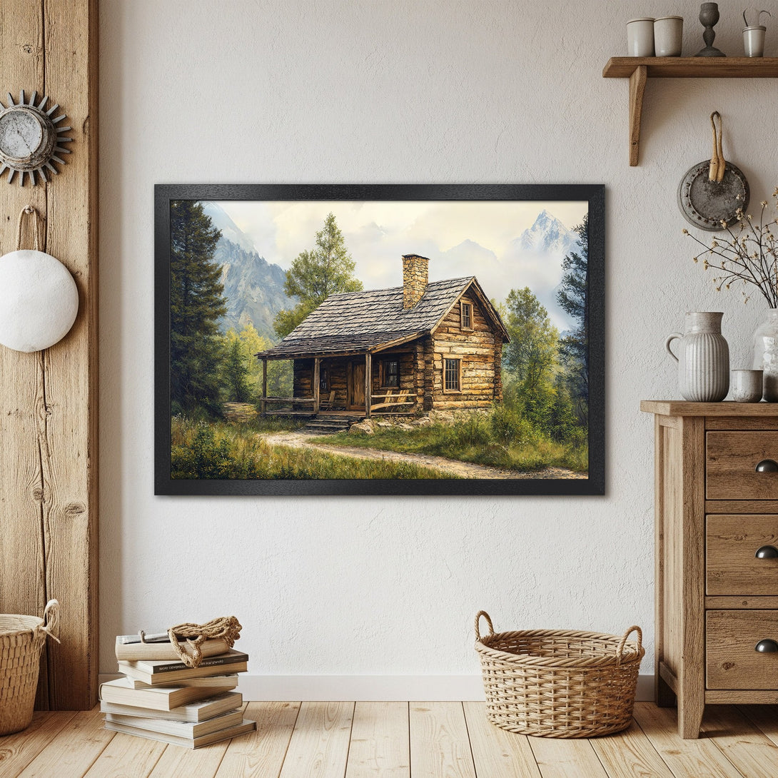 Framed Poster of a rustic cabin in a serene landscape, featuring warm earth tones and a vintage style. Perfect wall art!